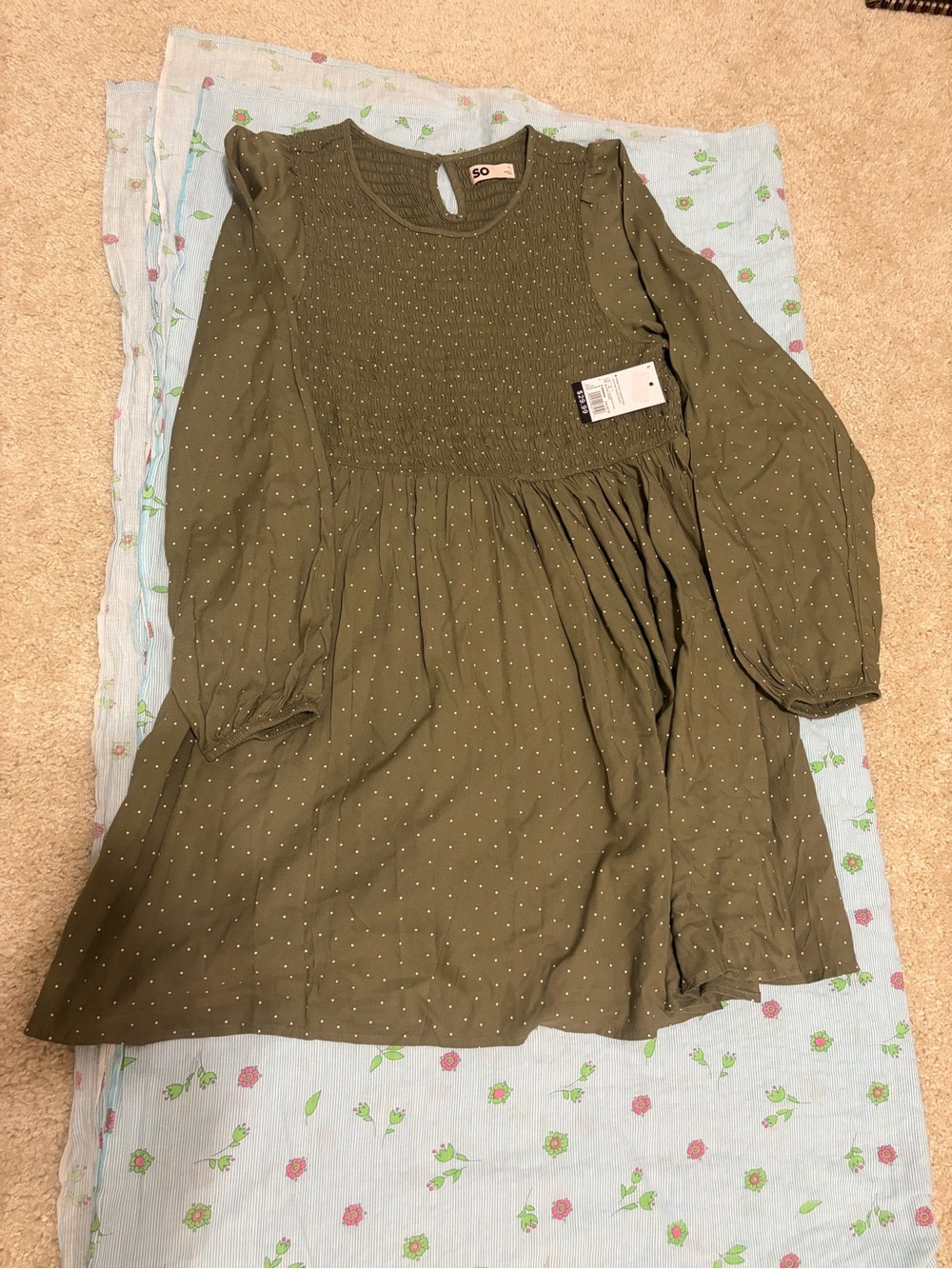 Kohl's Olive Green Long Sleeve Smocked Dot Dress